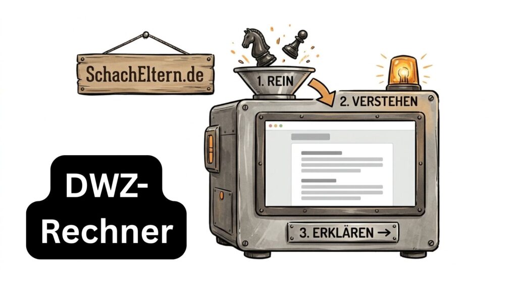 Illustration einer Maschine, die aus Turnierergebnissen die neue DWZ berechnet – SchachEltern.de
