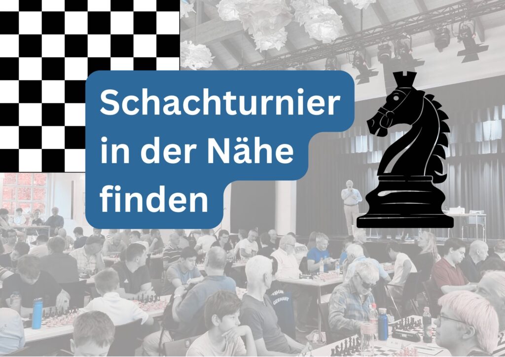 Titelbild: Schachturnier in der Nähe finden, mit Schachspringer und Turniersaal voller Schachspieler